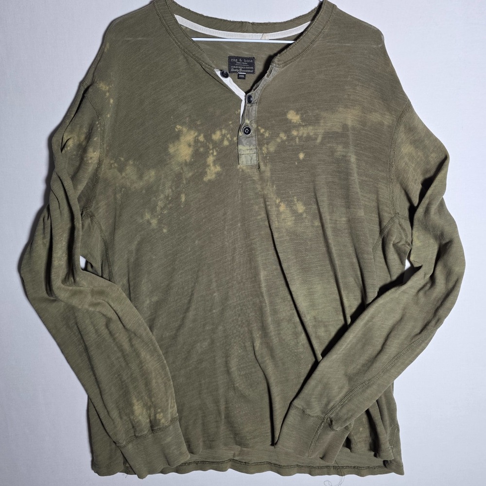 rag & bone Standard Issue Henley Shirt Long Sleeve Khaki Green Distressed 2XL